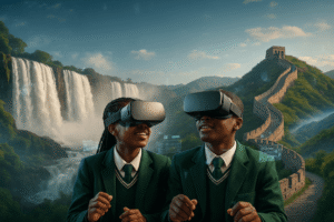 Students exploring virtual reality landscapes.